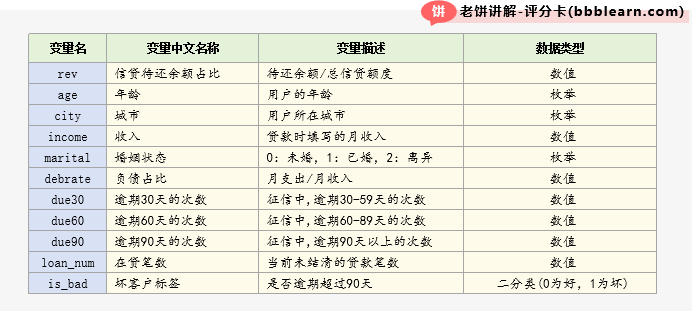 小贷数据变量名称